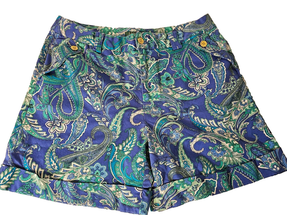 Lauren Ralph Lauren Women's Blue Green Floral Soft Cotton Cuffed Hem Shorts 14